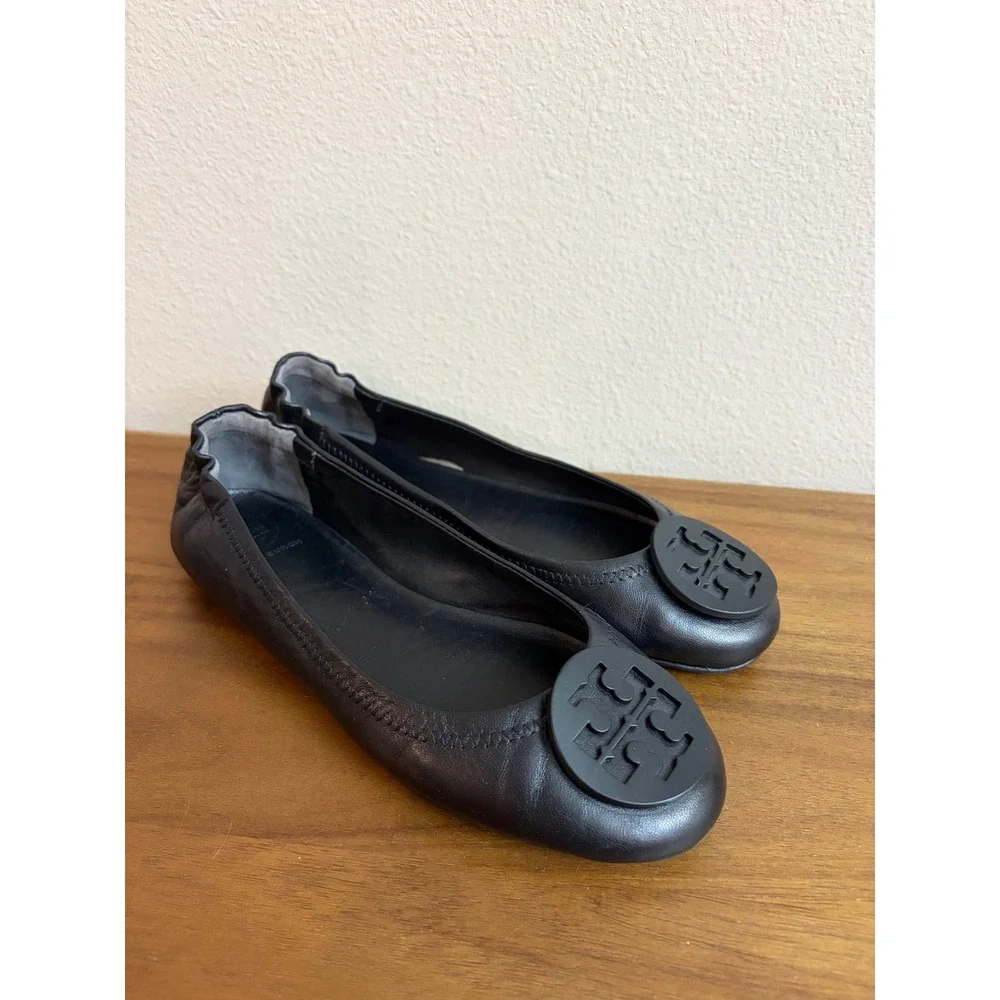 Tory Burch Minnie Travel Ballet Flats 7.5 Black Leather Logo Foldable Slip On